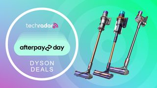 Dyson stick vacuums on pink and light blue gradient background with Afterpay logo and "Dyson deals" text