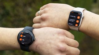 The Strava app on a Google Pixel Watch and Apple Watch 8