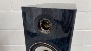 Close up of tweeter on Triangle Capella speakers in blue finish