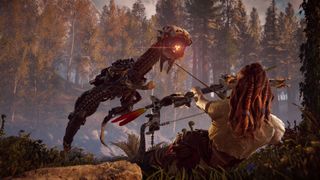 Aloy shooting a Watcher from Horizon Zero Dawn.