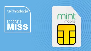 Mint Mobile branded SIM card on blue background with don't miss text overlay