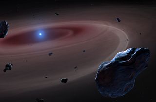 Rocky material in orbit around a white dwarf star (center). Collisions turn larger material into dust, some of which then rains down on to the white dwarf.