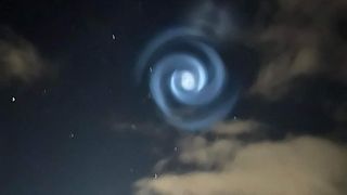 Clare Rehill captured a blue spiral over New Zealand on June 19, 2022 associated with a SpaceX Falcon 9 launch.