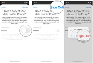 Sign out of iCloud on your iPhone by showing: Select the data that you want to keep a local copy of on your device, then tap Sign Out, then tap Sign Out again to confirm