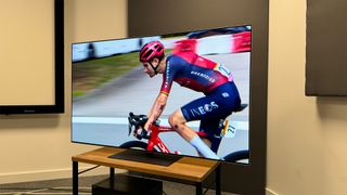 The 65-inch LG G4 OLED TV on a wooden TV stand in the corner of a room. On screen is a side shot of a cyclist on a red racing bike and red helmet.