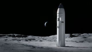 Artemis 3 artist's illustration showing SpaceX Starship on the moon with Earth in behind