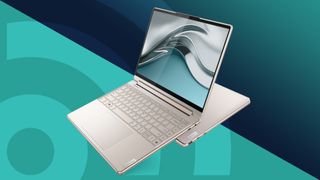 Paras ultrabook Lenovo Yoga 9i 2-in-1 turkoosilla TechRadar-taustalla