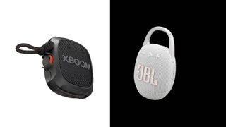 LG XBoom Go XG2T and JBL Clip 5 on white and black background