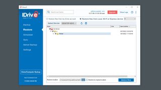A screenshot of IDrive's Restore tab