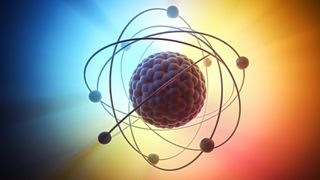 Graphic illustration of an atomic model with a nucleus containing protons and neutrons and electrons "orbiting" around the nucleus. 