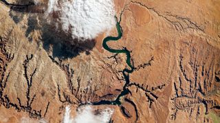 an aerial view of a red rocky landscape split in the middle by a winding river. on the sides, dry riverbeds of water deltas. a cloud near the upper left casts a shadow below.