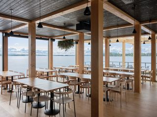 luoto sauna restaurant interior with water views