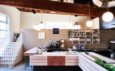 The Douglas Fir beam café counter at Virtuous Pie