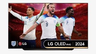 An 83-inch LG C4 OLED TV on a white background. On screen are three England football players celebrating.