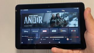 Amazon Fire 7 showing the Disney+ homescreen