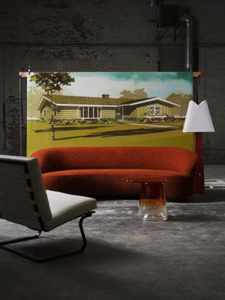 A set design of an imaginary American house with colourful furniture