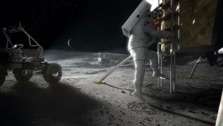 Artist&#039;s illustration of an Artemis astronaut stepping onto the surface of the moon.