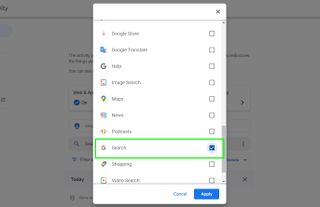 How to delete Google Search history - Pop-up window listing Google apps and services