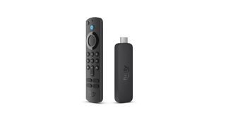 Amazon Fire TV Stick 4K (2023) standing vertically next to its remote on a white background