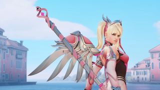 Overwatch 2 Mercy looking over her shoulder