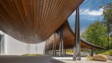 gulbenkian foundation in lisbon showing sweeping curved timber clad ceiling on roof by kengo kuma