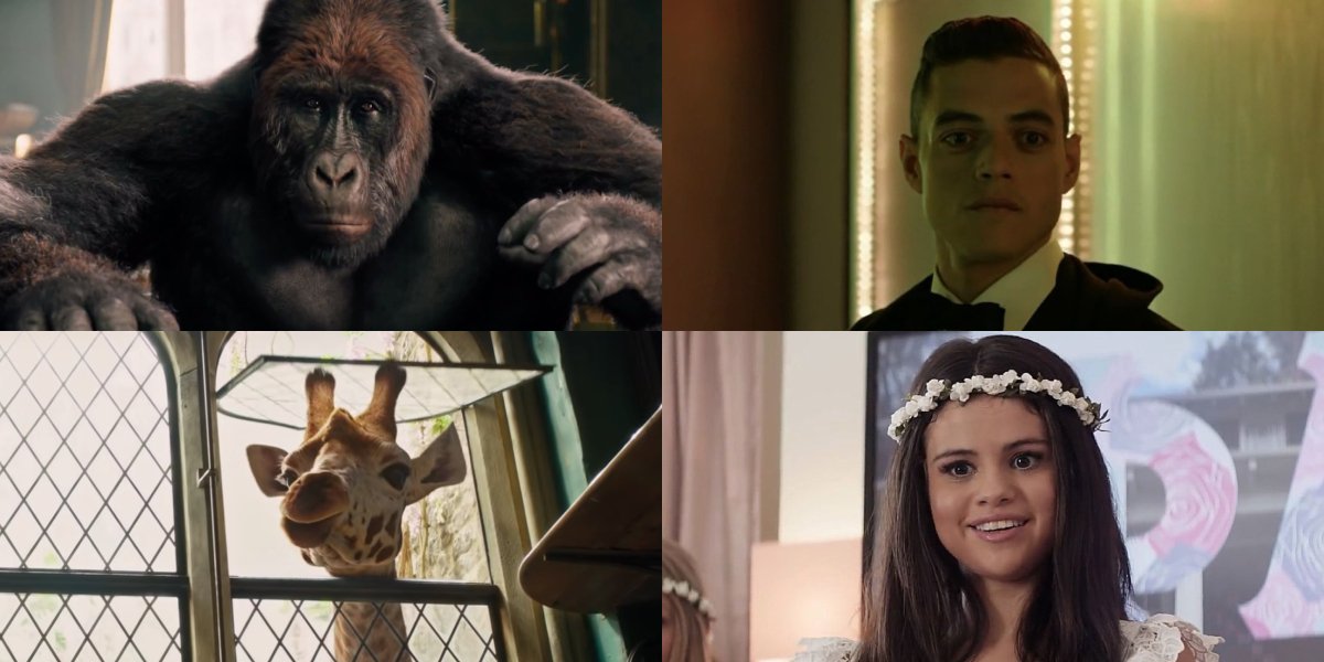 Dolittle&#039;s Chee-Chee the Gorilla next to his voice actor Rami Malek and giraffe Betsy with her actre