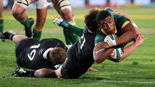 South Africa's Grant Williams dives across the line to score a try against New Zealand in their August 2024 Rugby Championship match.