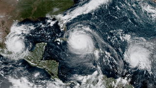 NOAA satellite GOES-16 captured this geocolor image of three hurricanes — Hurricane Katia, Hurricane Irma and Hurricane José — in the tropical Atlantic on the afternoon of Sept. 8, 2017.