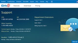 IDrive's webpage listing support contact details