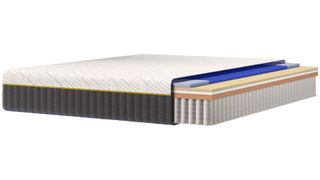 The Emma Elite Mattress against a white background, with a cutout section showing the interior layers of the mattress, including foams, coils, and the AirGrid technology