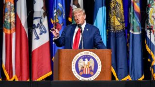 a man with orange skin in an ill-fitting blue suit gestures vaguely with his hand in front of a row of flags