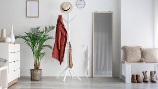 Coat rack next to large mirror