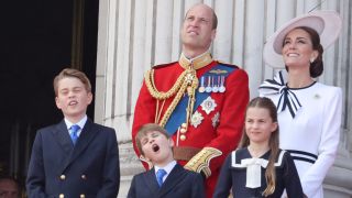 Prince George of Wales, Prince William, Prince of Wales, Prince Louis of Wales, Princess Charlotte of Wales and Catherine, Princess of Wales on the balcony of Buckingham Palace during Trooping the Colour on June 15, 2024 in London, England. Trooping the Colour is a ceremonial parade celebrating the official birthday of the British Monarch. The event features over 1,400 soldiers and officers, accompanied by 200 horses. More than 400 musicians from ten different bands and Corps of Drums march and perform in perfect harmony.