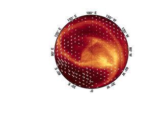 This image shows thermal infrared radiation (at a wavelength of 5 microns) emitted by the cloud tops at the southern polar region of Venus on Jan. 20, 2008, as viewed by the VIRTIS imaging spectrometer on Venus Express. The white arrows show the atmospheric winds, measured by tracking the movement of cloud features.