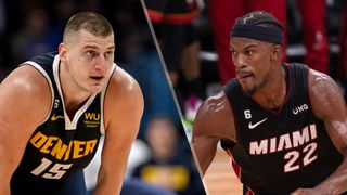 (L, R) Nikola Jokic and Jimmy Butler will face off in the Nuggets vs. Heat live stream for game 3 of the NBA Finals