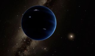 A giant planet similar to Uranus or Neptune may orbit the sun in the solar system's outer reaches. Planet Nine is shown here in an artist's impression that includes hypothetical lightning on the planet's surface. The bright star to the right is the sun.