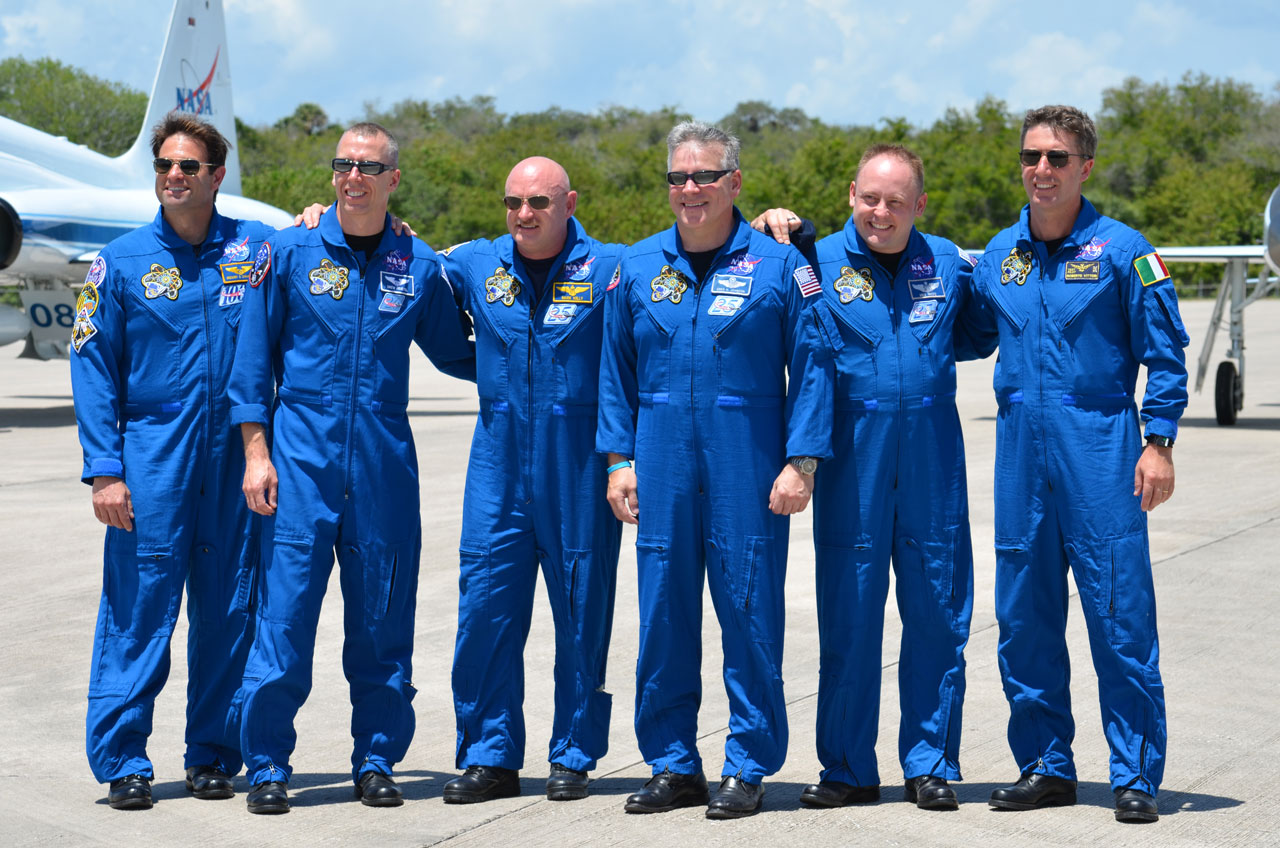 The space shuttle Endeavour&#039;s STS-134 crew arrives at NASA&#039;s Kennedy Space Center in Florida.