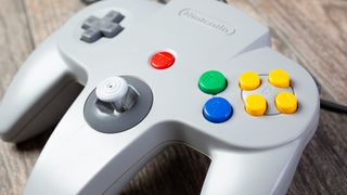 A closeup view of a Nintendo 64 original controller.