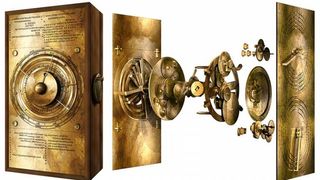 a diagram of a cosmic device with a dial. on the left is the device in one piece, while on the right is a series of gears between the two plates of the device showing how it was made