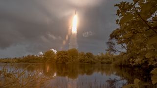 On Dec. 25, 2021, Arianespace's Ariane 5 rocket launches with NASA's James Webb Space Telescope onboard, from the ELA-3 Launch Zone of Europes Spaceport at the Guiana Space Centre at Europes Spaceport, at the Guiana Space Center in French Guiana.