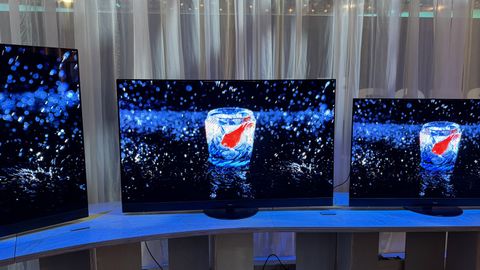 Panasonic Z95A OLED TV photographed on a stand at CES 2024