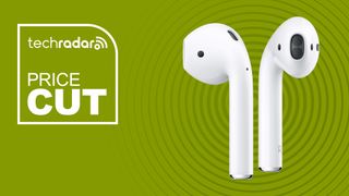 2nd gen Apple Airpods on green background with price cut sign