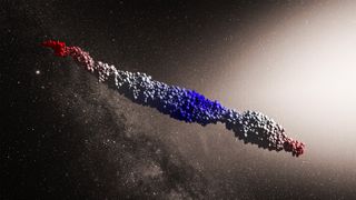 This simulation depicts the interstellar object 'Oumuamua as a mass of fragments forced into an elongated shape by stellar tidal forces.