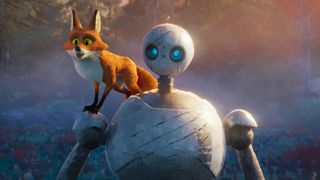 Fink the fox (voiced by Pedro Pascal) and Roz the robot (Lupita Nyong'o) in "The Wild Robot".