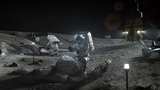 An artist's depiction of astronauts walking on the moon as part of NASA's Artemis program.