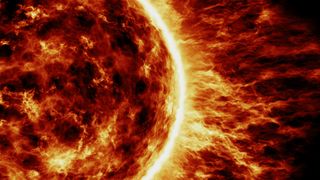 Graphic illustration showing a "fiery" sun unleashing large solar flares into space.