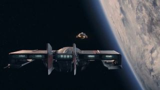 Two spaceships, one larger with maroon colored wings in the foreground chasing down a smaller ship in the background.