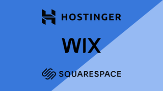 Bästa webbplatsbyggare: Wix-, Hostinger- och Squarespace-logos mot en blå bakgrund.