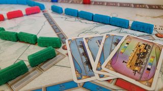 Ticket to Ride close up of cards and train pieces