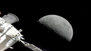 A view of the moon as seen by the Orion spacecraft.